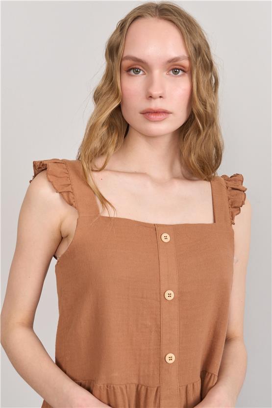 Çetinkaya Fithit 6303 Kadın Kare Yaka Askılı Müslin Elbise Taba