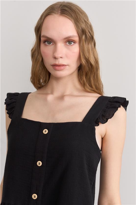 Çetinkaya Fithit 6303 Kadın Kare Yaka Askılı Müslin Elbise Siyah