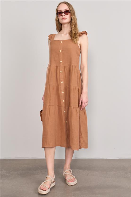 Çetinkaya Fithit 6303 Kadın Kare Yaka Askılı Müslin Elbise Taba