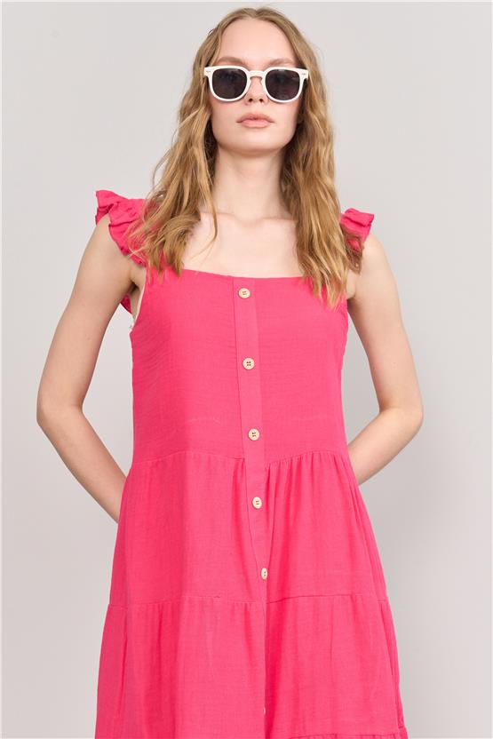 Çetinkaya Fithit 6303 Kadın Kare Yaka Askılı Müslin Elbise Fuşya
