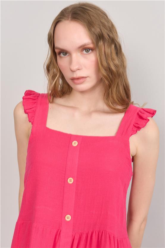 Çetinkaya Fithit 6303 Kadın Kare Yaka Askılı Müslin Elbise Fuşya