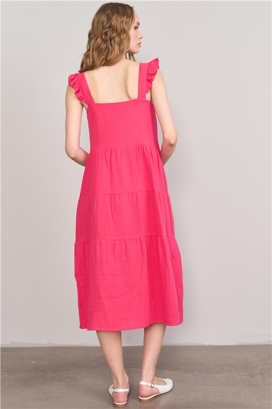 Çetinkaya Fithit 6303 Kadın Kare Yaka Askılı Müslin Elbise Fuşya