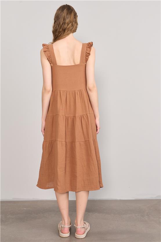 Çetinkaya Fithit 6303 Kadın Kare Yaka Askılı Müslin Elbise Taba