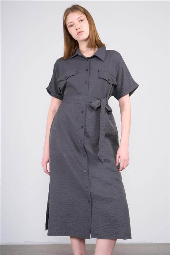 Çetinkaya Fithit 6347 Kadın Gömlek Yaka Rossi Elbise Antrasit