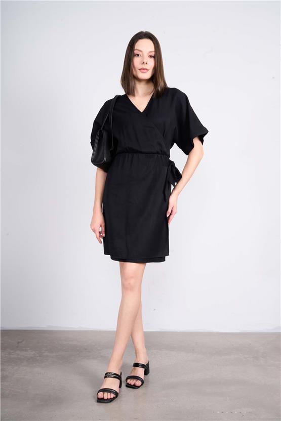 Çetinkaya Fithit 6361 Kadın V Yaka Bağlamalı Tencel Elbise