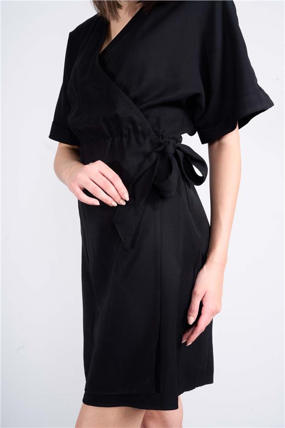 Çetinkaya Fithit 6361 Kadın V Yaka Bağlamalı Tencel Elbise