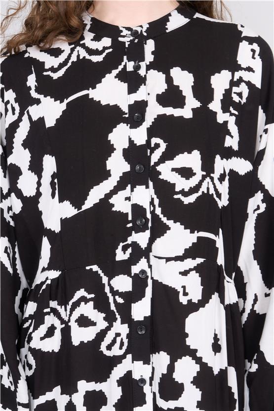 Çetinkaya Fithit 6490 Kadın Hakim Yaka Baskılı Viskon Elbise Siyah-Beyaz