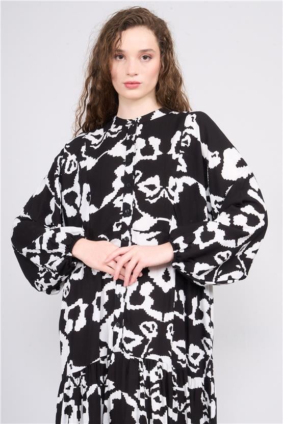 Çetinkaya Fithit 6490 Kadın Hakim Yaka Baskılı Viskon Elbise Siyah-Beyaz