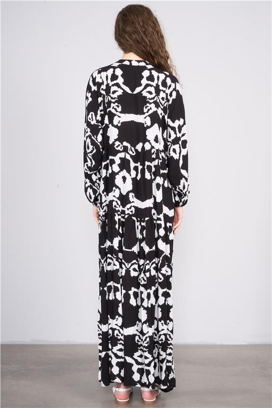 Çetinkaya Fithit 6490 Kadın Hakim Yaka Baskılı Viskon Elbise Siyah-Beyaz
