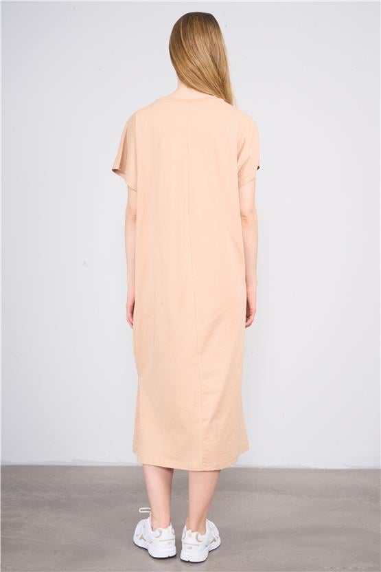 Çetinkaya Fithit 6496 Kadın Kısa Kol 24/1 Süprem Yırtmaçlı Maxi Elbise Vizon