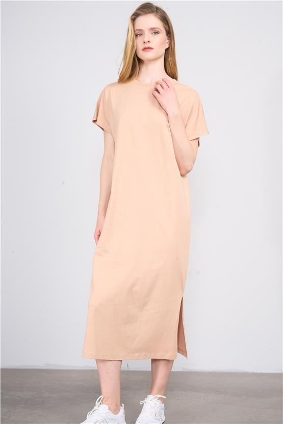 Çetinkaya Fithit 6496 Kadın Kısa Kol 24/1 Süprem Yırtmaçlı Maxi Elbise Vizon