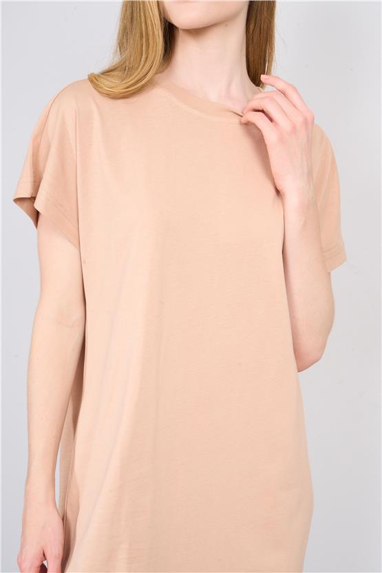 Çetinkaya Fithit 6496 Kadın Kısa Kol 24/1 Süprem Yırtmaçlı Maxi Elbise Vizon