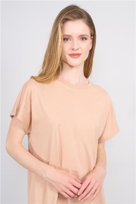 Çetinkaya Fithit 6496 Kadın Kısa Kol 24/1 Süprem Yırtmaçlı Maxi Elbise Vizon