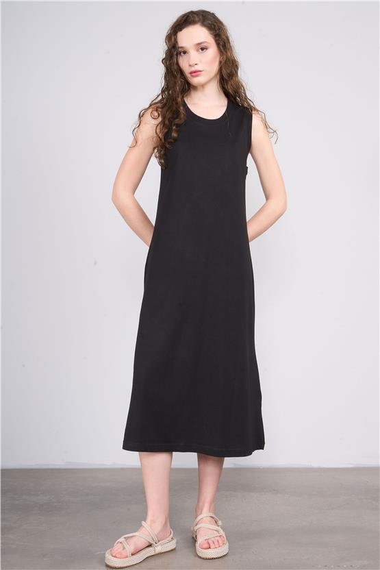 Çetinkaya Fithit 6497 Kadın Kalın Askılı 24/1 Süprem Diz Altı Elbise Siyah