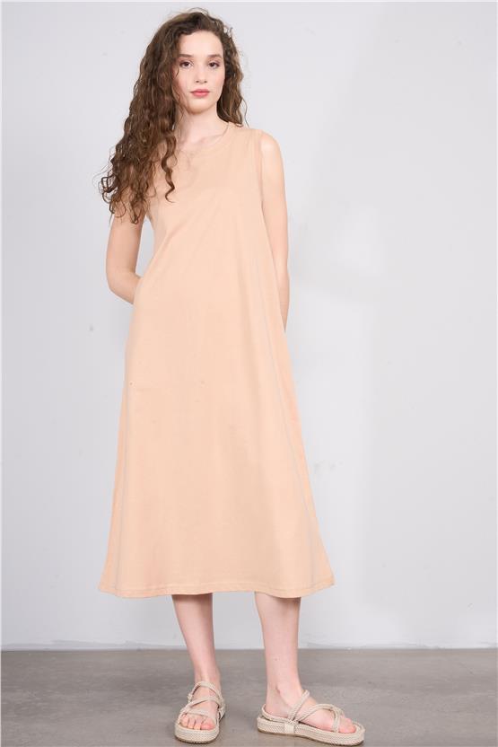 Çetinkaya Fithit 6497 Kadın Kalın Askılı 24/1 Süprem Diz Altı Elbise Vizon