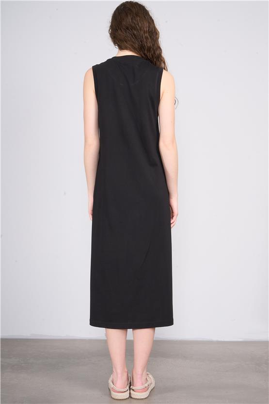 Çetinkaya Fithit 6497 Kadın Kalın Askılı 24/1 Süprem Diz Altı Elbise Siyah
