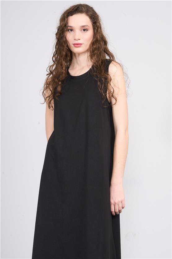 Çetinkaya Fithit 6497 Kadın Kalın Askılı 24/1 Süprem Diz Altı Elbise Siyah