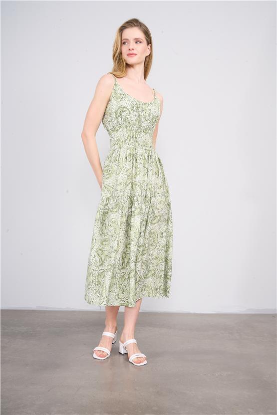 Çetinkaya Fithit 6517 Kadın Askılı V Yaka Maxi Elbise Yeşil Yaprak Desen