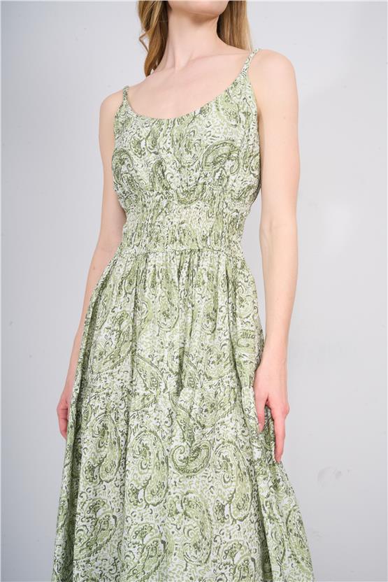 Çetinkaya Fithit 6517 Kadın Askılı V Yaka Maxi Elbise Yeşil Yaprak Desen