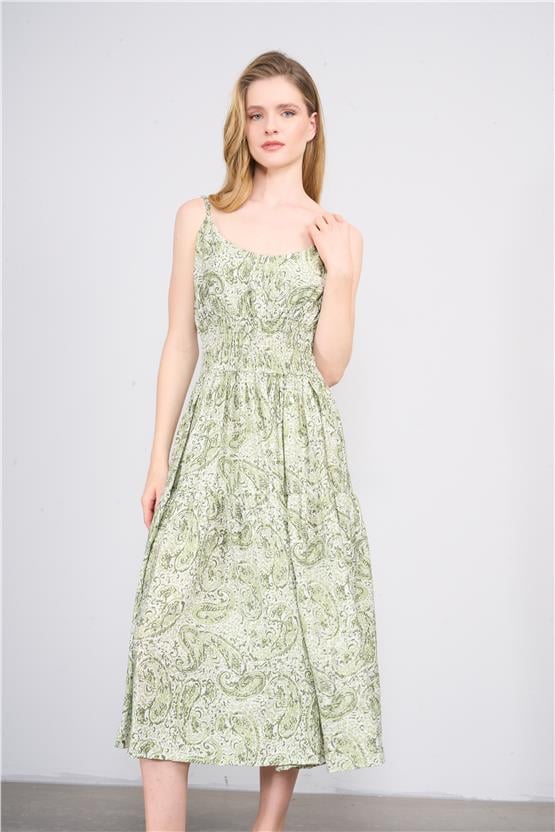 Çetinkaya Fithit 6517 Kadın Askılı V Yaka Maxi Elbise Yeşil Yaprak Desen