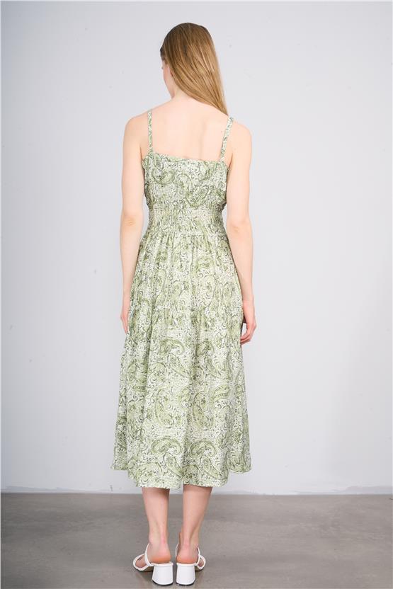 Çetinkaya Fithit 6517 Kadın Askılı V Yaka Maxi Elbise Yeşil Yaprak Desen