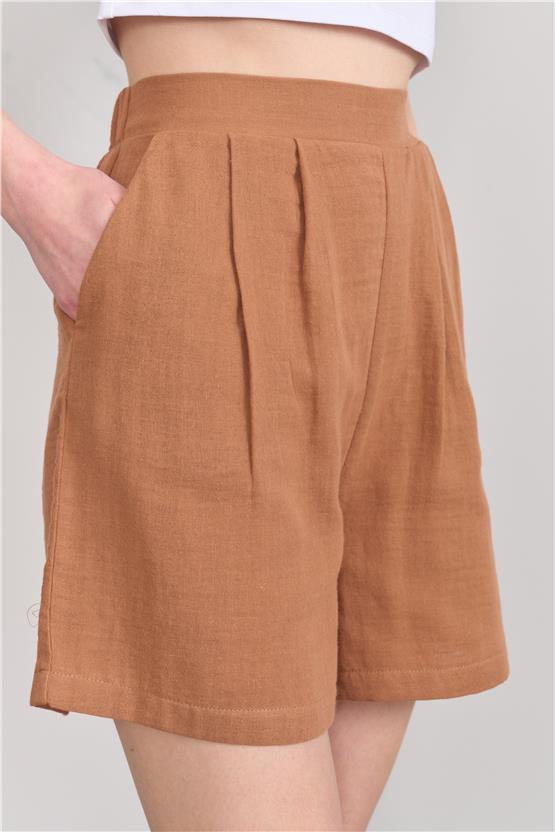 Çetinkaya Fithit 7005 Kadın Kısa Pileli Müslin Şort Taba