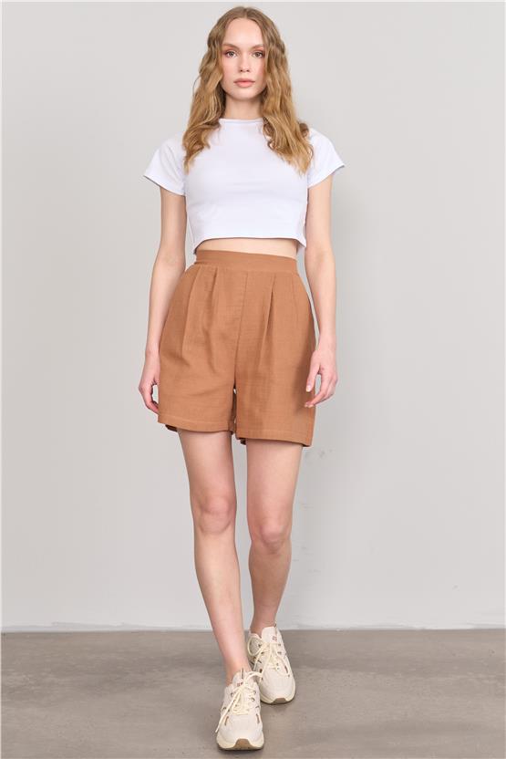 Çetinkaya Fithit 7005 Kadın Kısa Pileli Müslin Şort Taba