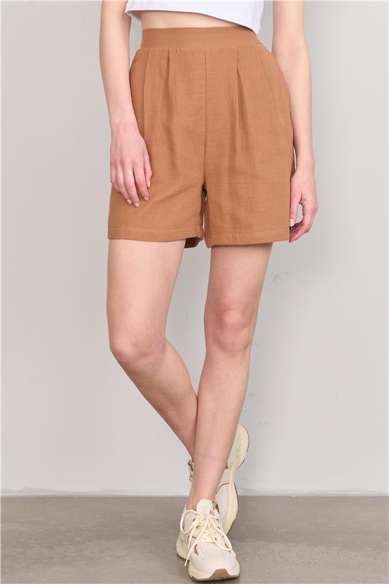 Çetinkaya Fithit 7005 Kadın Kısa Pileli Müslin Şort Taba