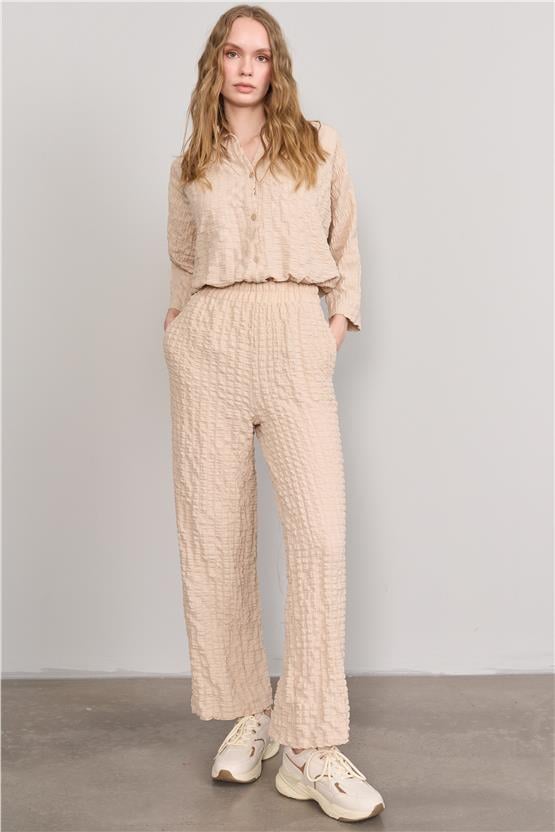 Çetinkaya Fithit 7692 Kadın Gofre Bol Paça Pantolon Bej