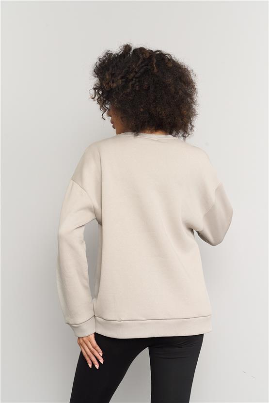 Çetinkaya Fithit 8128 Kadın Bisiklet Yaka 3 İplik Şardonlu Basic Sweatshirt Vizon