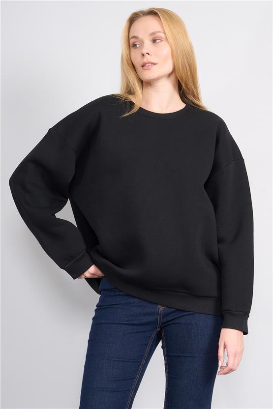 Çetinkaya Fithit 8128 Kadın Bisiklet Yaka 3 İplik Şardonlu Basic Sweatshirt Siyah