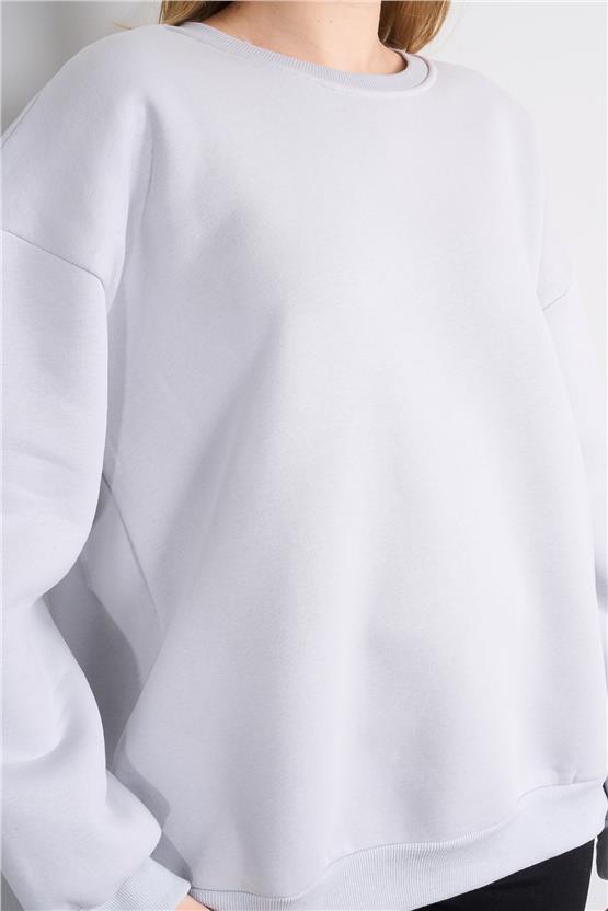 Çetinkaya Fithit 8128 Kadın Bisiklet Yaka 3 İplik Şardonlu Basic Sweatshirt Açık Gri