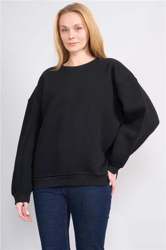 Çetinkaya Fithit 8128 Kadın Bisiklet Yaka 3 İplik Şardonlu Basic Sweatshirt Siyah