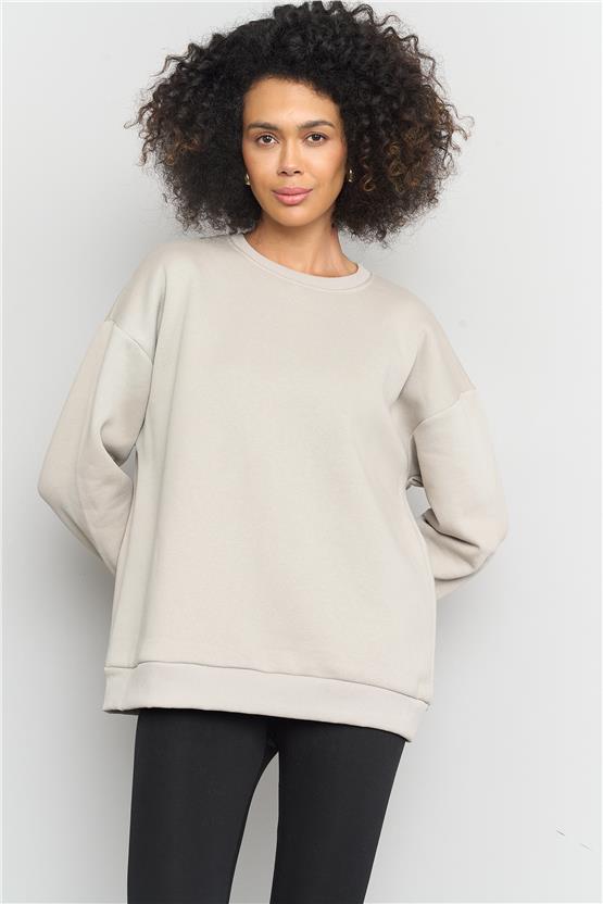 Çetinkaya Fithit 8128 Kadın Bisiklet Yaka 3 İplik Şardonlu Basic Sweatshirt Vizon