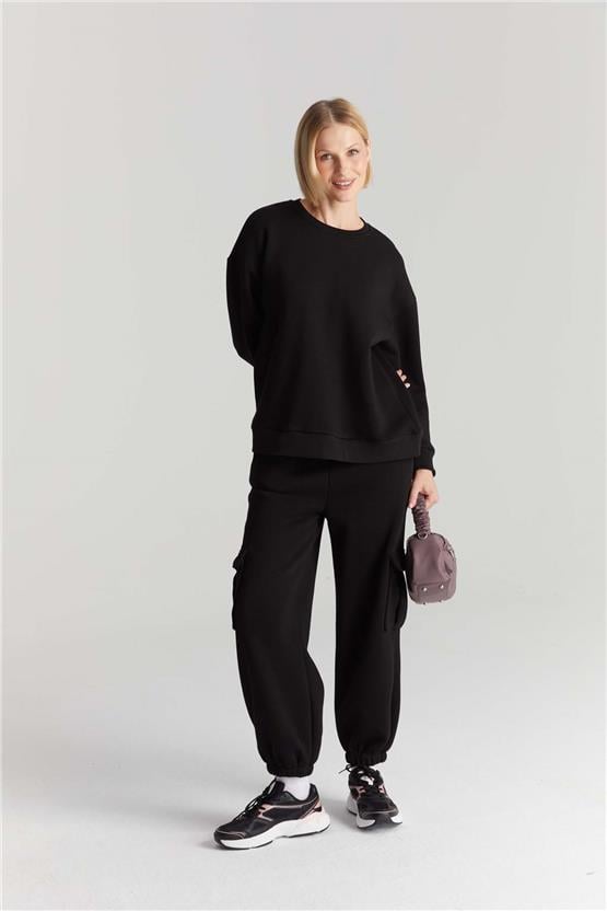 Çetinkaya Fithit 8128 Kadın Bisiklet Yaka 3 İplik Şardonlu Basic Sweatshirt Siyah