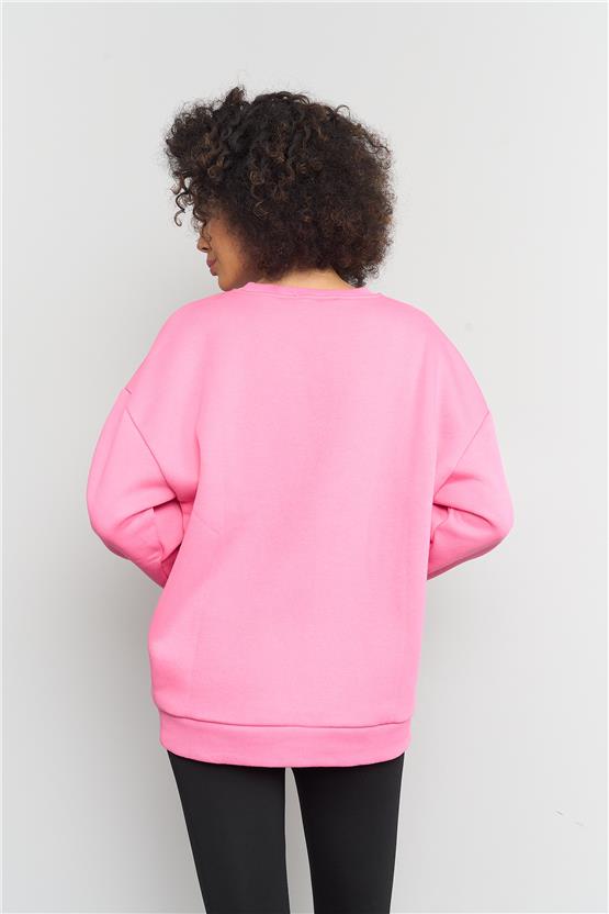 Çetinkaya Fithit 8128 Kadın Bisiklet Yaka 3 İplik Şardonlu Basic Sweatshirt Şeker Pembe