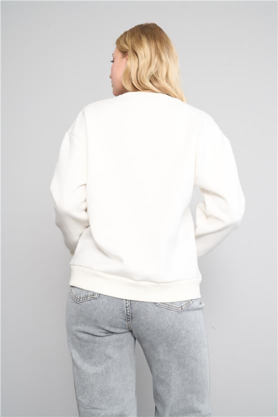 Çetinkaya Fithit 8128 Kadın Bisiklet Yaka 3 İplik Şardonlu Basic Sweatshirt Krem