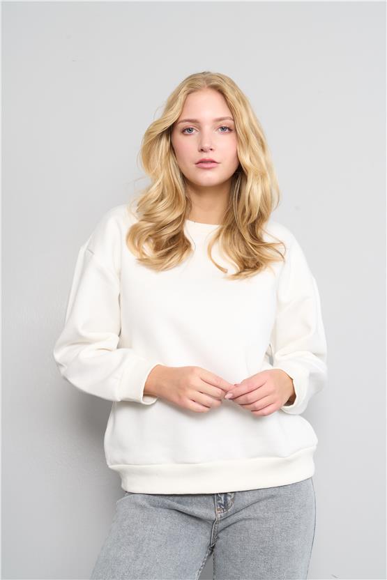 Çetinkaya Fithit 8128 Kadın Bisiklet Yaka 3 İplik Şardonlu Basic Sweatshirt Krem