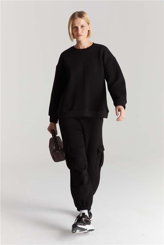 Çetinkaya Fithit 8128 Kadın Bisiklet Yaka 3 İplik Şardonlu Basic Sweatshirt Siyah