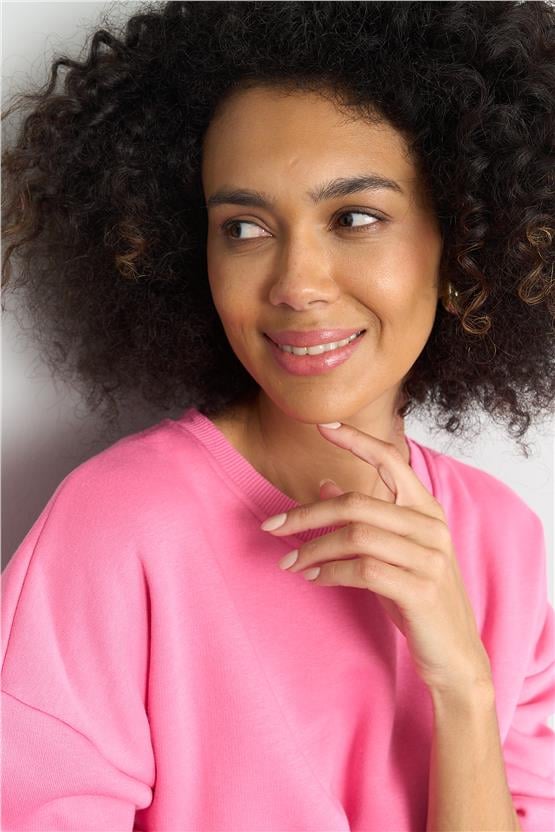 Çetinkaya Fithit 8128 Kadın Bisiklet Yaka 3 İplik Şardonlu Basic Sweatshirt Şeker Pembe