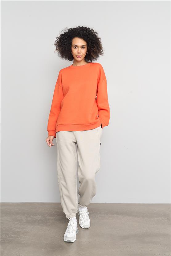 Çetinkaya Fithit 8128 Kadın Bisiklet Yaka 3 İplik Şardonlu Basic Sweatshirt Oranj