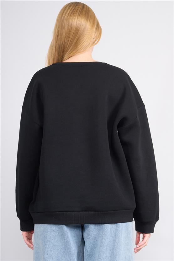 Çetinkaya Fithit 8128 Kadın Bisiklet Yaka 3 İplik Şardonlu Basic Sweatshirt Siyah