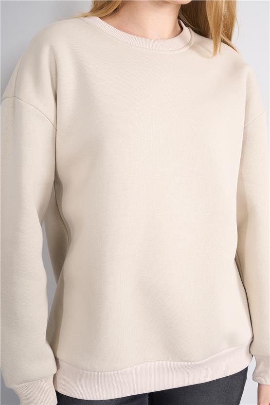 Çetinkaya Fithit 8128 Kadın Bisiklet Yaka 3 İplik Şardonlu Basic Sweatshirt Vizon