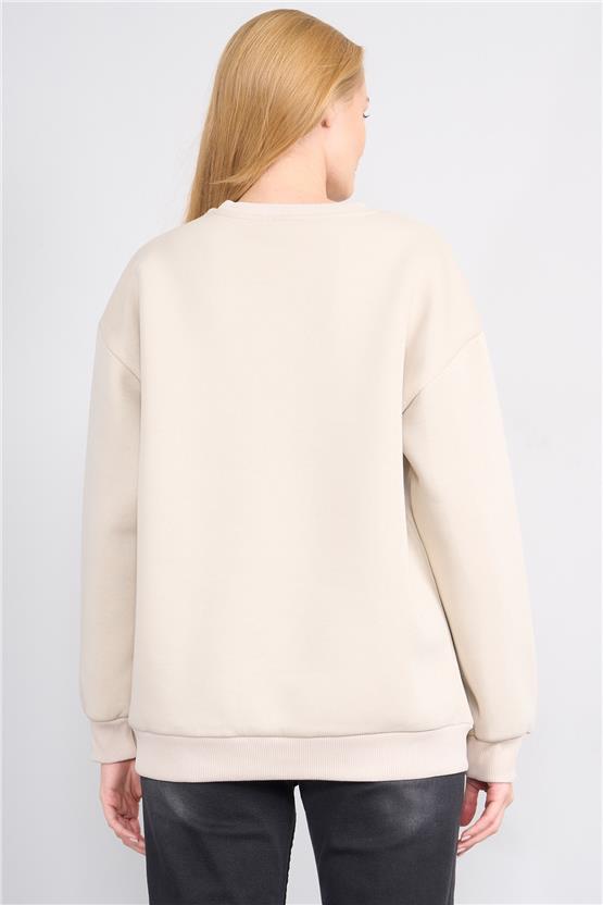 Çetinkaya Fithit 8128 Kadın Bisiklet Yaka 3 İplik Şardonlu Basic Sweatshirt Vizon