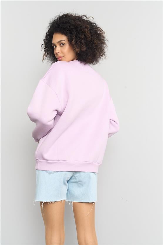 Çetinkaya Fithit 8128 Kadın Bisiklet Yaka 3 İplik Şardonlu Basic Sweatshirt Lila