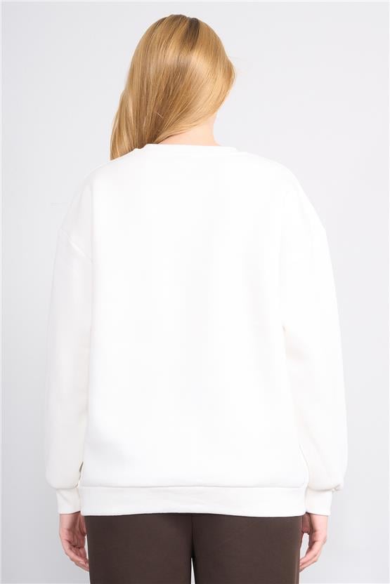 Çetinkaya Fithit 8128 Kadın Bisiklet Yaka 3 İplik Şardonlu Basic Sweatshirt Krem