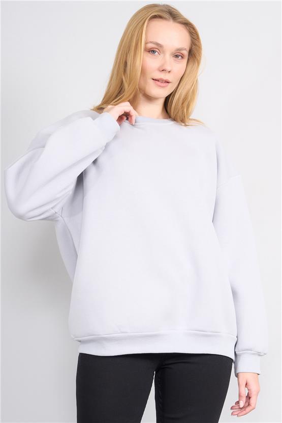 Çetinkaya Fithit 8128 Kadın Bisiklet Yaka 3 İplik Şardonlu Basic Sweatshirt Açık Gri