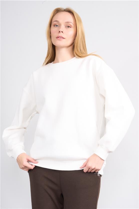 Çetinkaya Fithit 8128 Kadın Bisiklet Yaka 3 İplik Şardonlu Basic Sweatshirt Krem