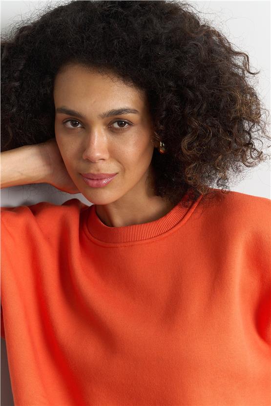 Çetinkaya Fithit 8128 Kadın Bisiklet Yaka 3 İplik Şardonlu Basic Sweatshirt Oranj
