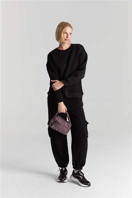 Çetinkaya Fithit 8128 Kadın Bisiklet Yaka 3 İplik Şardonlu Basic Sweatshirt Siyah